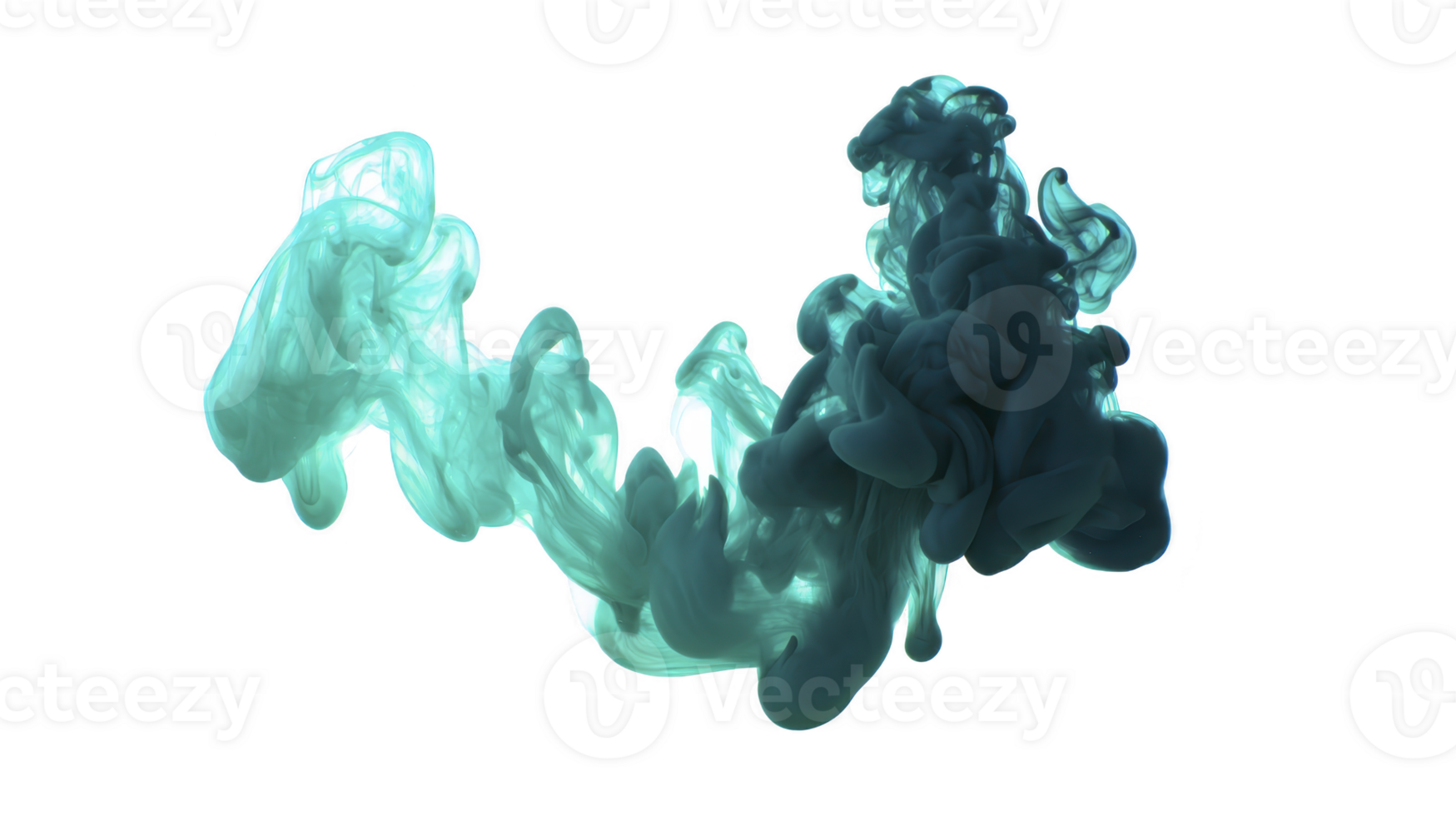 Turquoise and dark blue ink swirling underwater, creating dynamic abstract cloud with smooth, flowing shapes and sense of movement, isolated on transparency background png
