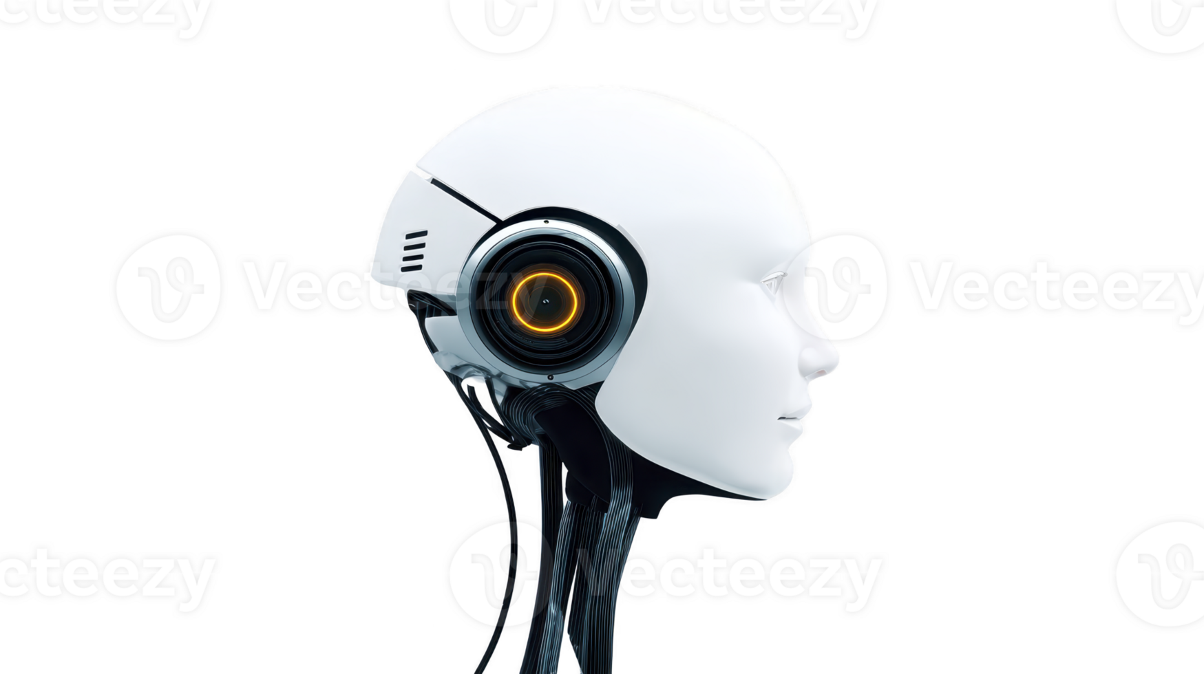 Futuristic android head with white smooth surface, orange illuminated ear, and minimalistic design, artificial intelligence concept, side profile, emotionless expression png
