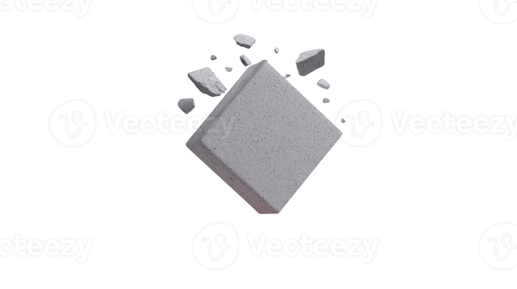 Exploding concrete block debris dust isolated on transparent background dynamic motion construction material gray color 3D rendering dramatic impact building element destruction png