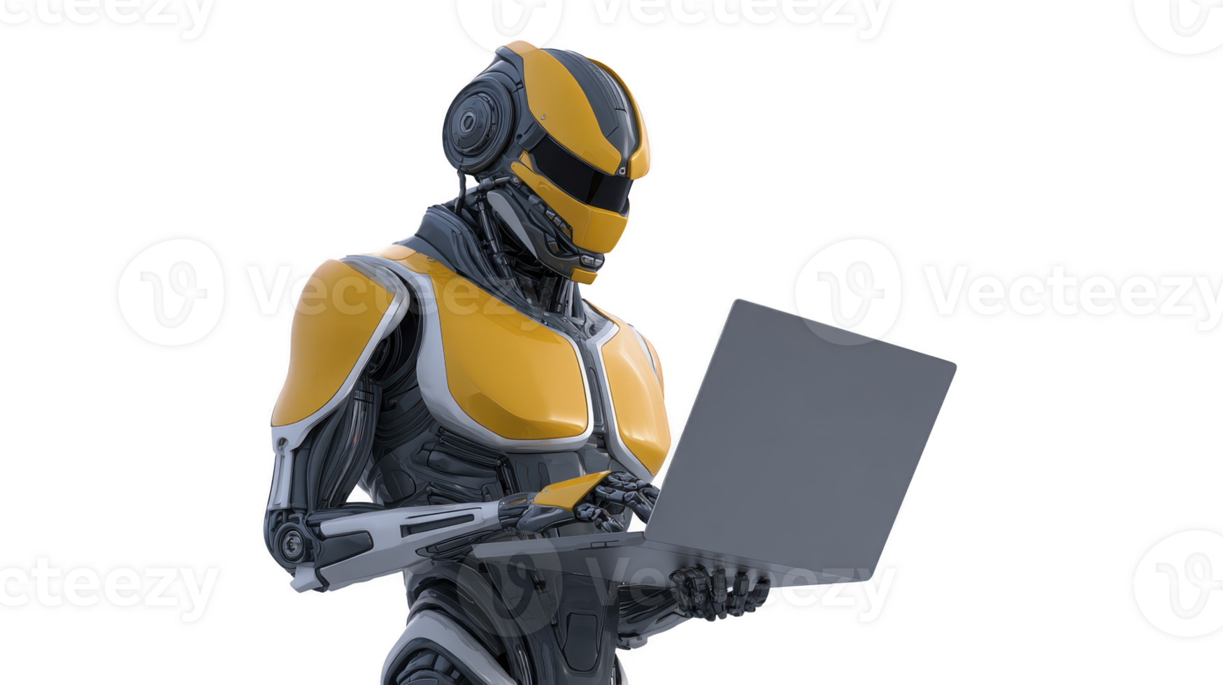 Futuristic robot with yellow and black armor using laptop, technology innovation, artificial intelligence, digital workspace, modern design, isolated on transparency background png