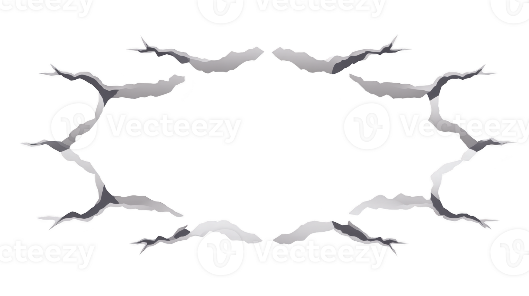 Cracked wall border with jagged edges and empty center, dramatic broken surface design for creative backgrounds or frames, isolated on transparent background png