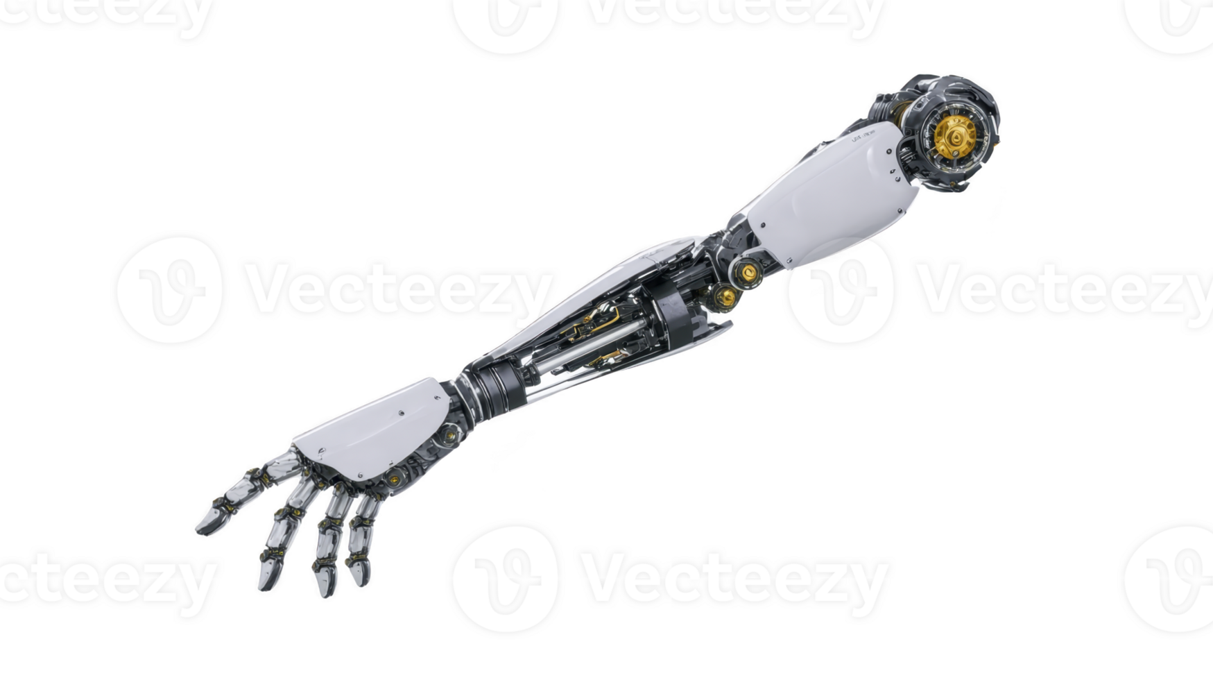 Futuristic robotic arm with metallic joints, white panels, exposed gears, and advanced mechanical design, symbolizing innovation and technology in artificial intelligence and engineering png