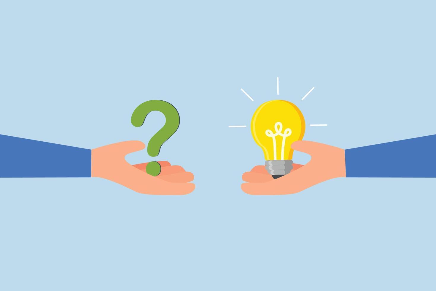 Question and answer, entrepreneur hand grasping question mark while other is responding with lightbulb vector