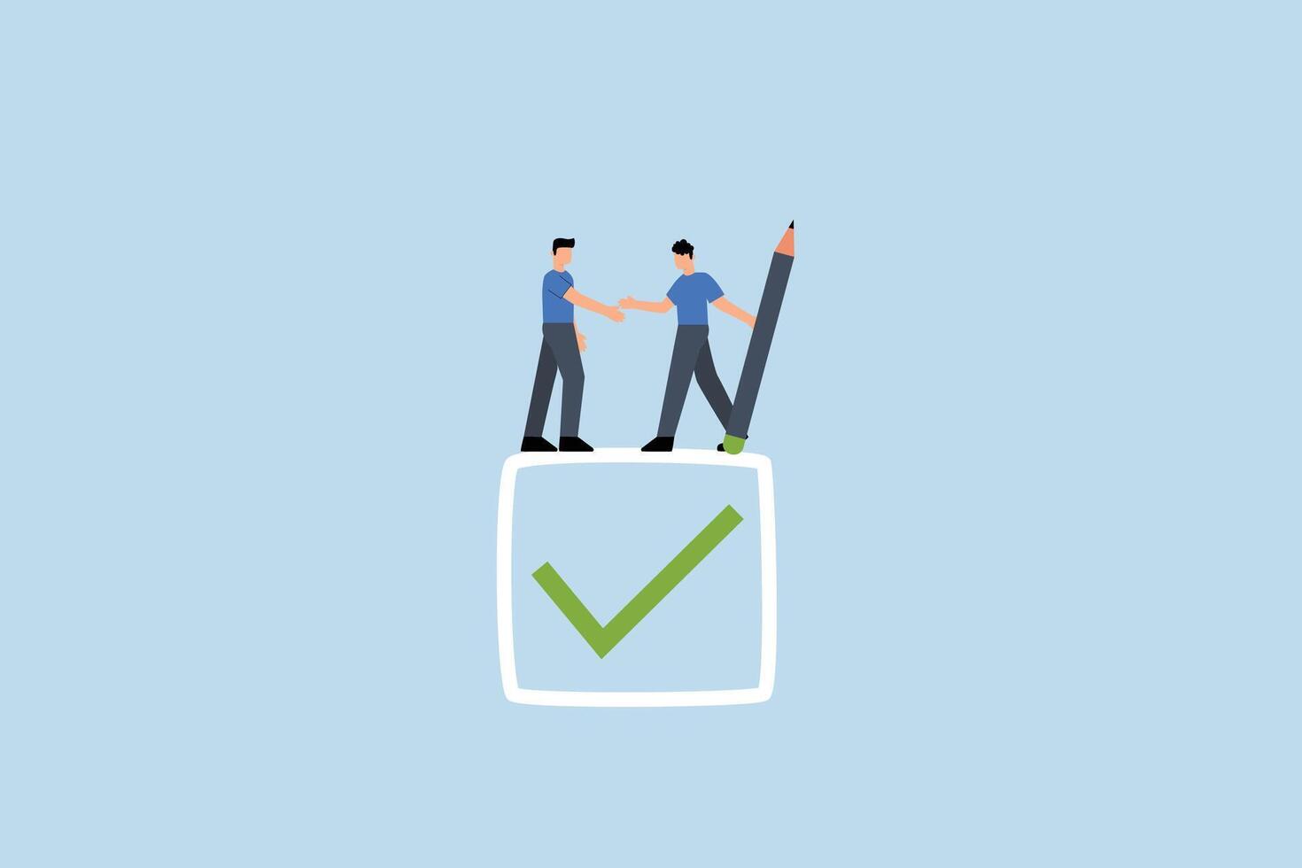Commitment, businessman handshake on tick completed checkbox, vector