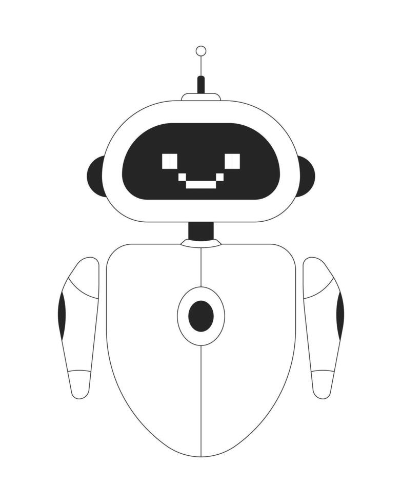 Friendly AI robot with pixelated smile 2D line character. Artificial intelligence robotics cute. Customer bot, chatbot isolated ink outline personage. Monochromatic spot illustration vector