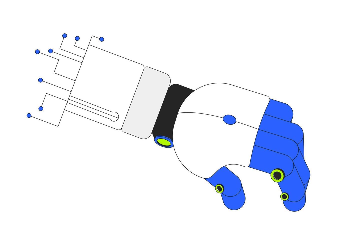 Robotic hand with digital circuit illustration. Robot arm. Artificial intelligence technology. Futuristic prosthesis circuitry 2D cartoon image isolated on white. Editable flat clipart colorful vector