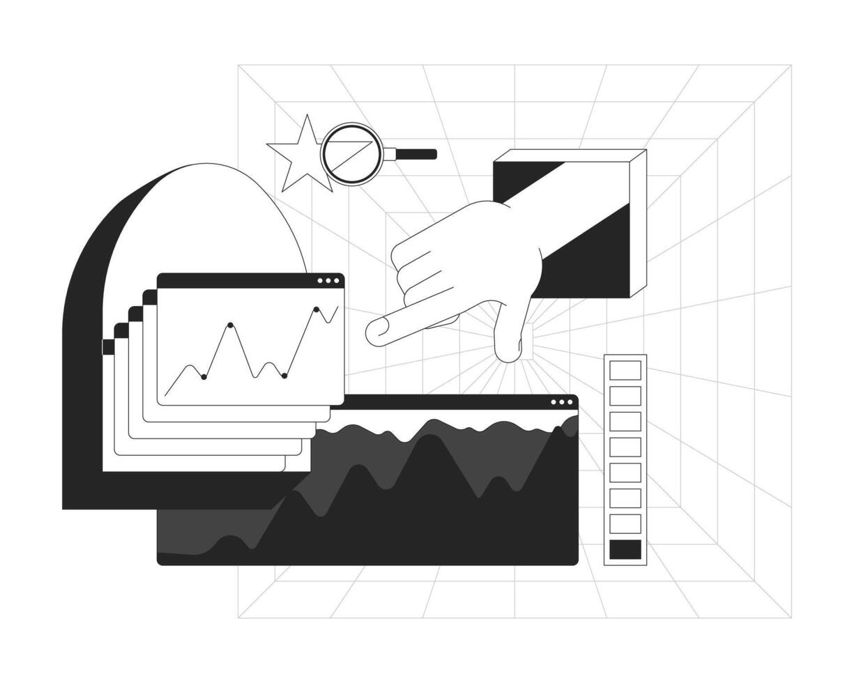 Data analytics line onboarding ui illustration. Charts graphs. Hand interaction. Star rating. Intuitive dashboard. Digital workspace outline 2D concept isolated. Ink linear metaphor art vector