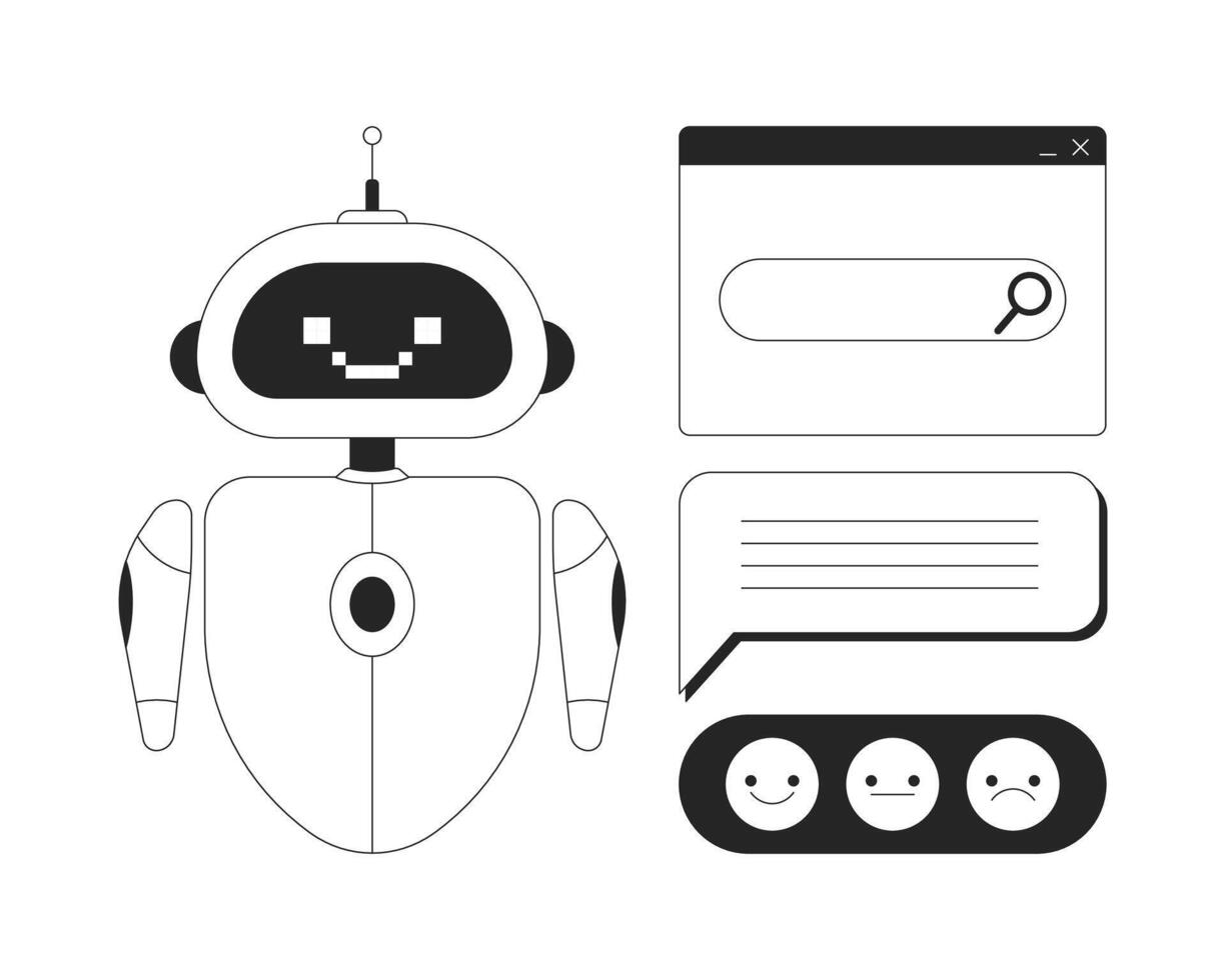 AI chatbot with search bar and feedback interface 2D line objects set. Customer bot, emoticons, chat bubble isolated cliparts ink outline items. Monochrome spot illustrations collection vector