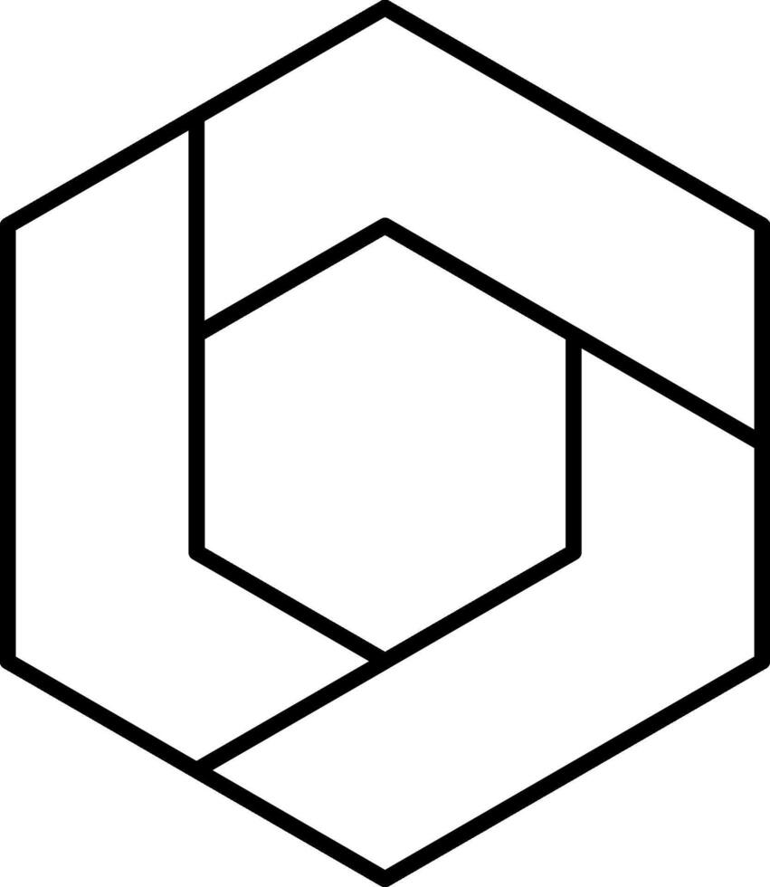 Abstract hexagonal design element of three parts. Evokes cube in the middle. Simple black outline logotype icon. vector