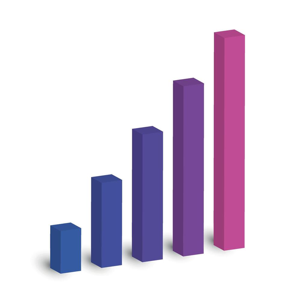 Bar chart of 5 growing columns. 3D isometric colorful graph. Economical growth, increase or success theme. vector