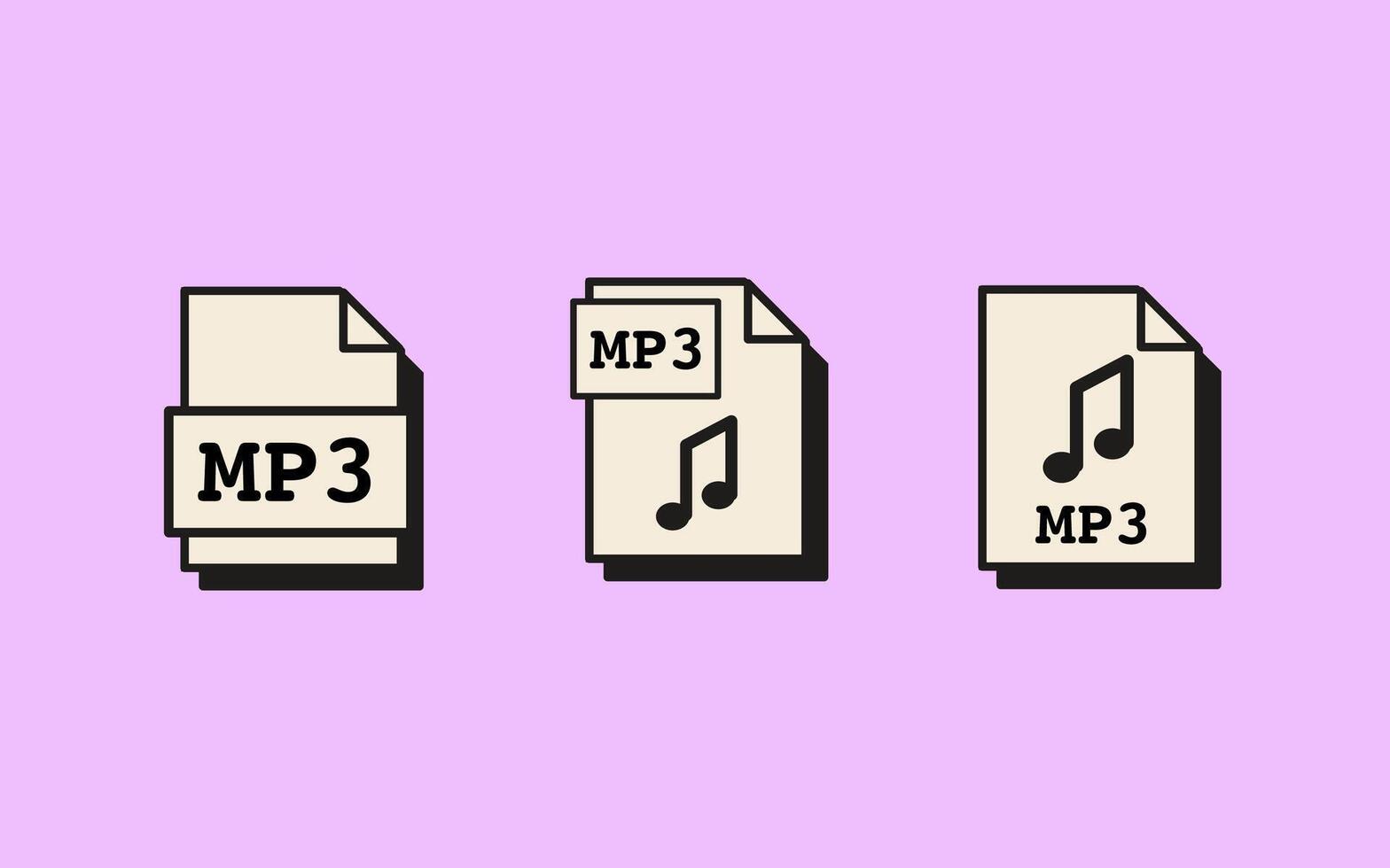 Set of MP3 file icons in retro computer style with nostalgic interface elements and simple layout. Flat style illustration Isolated on background. vector