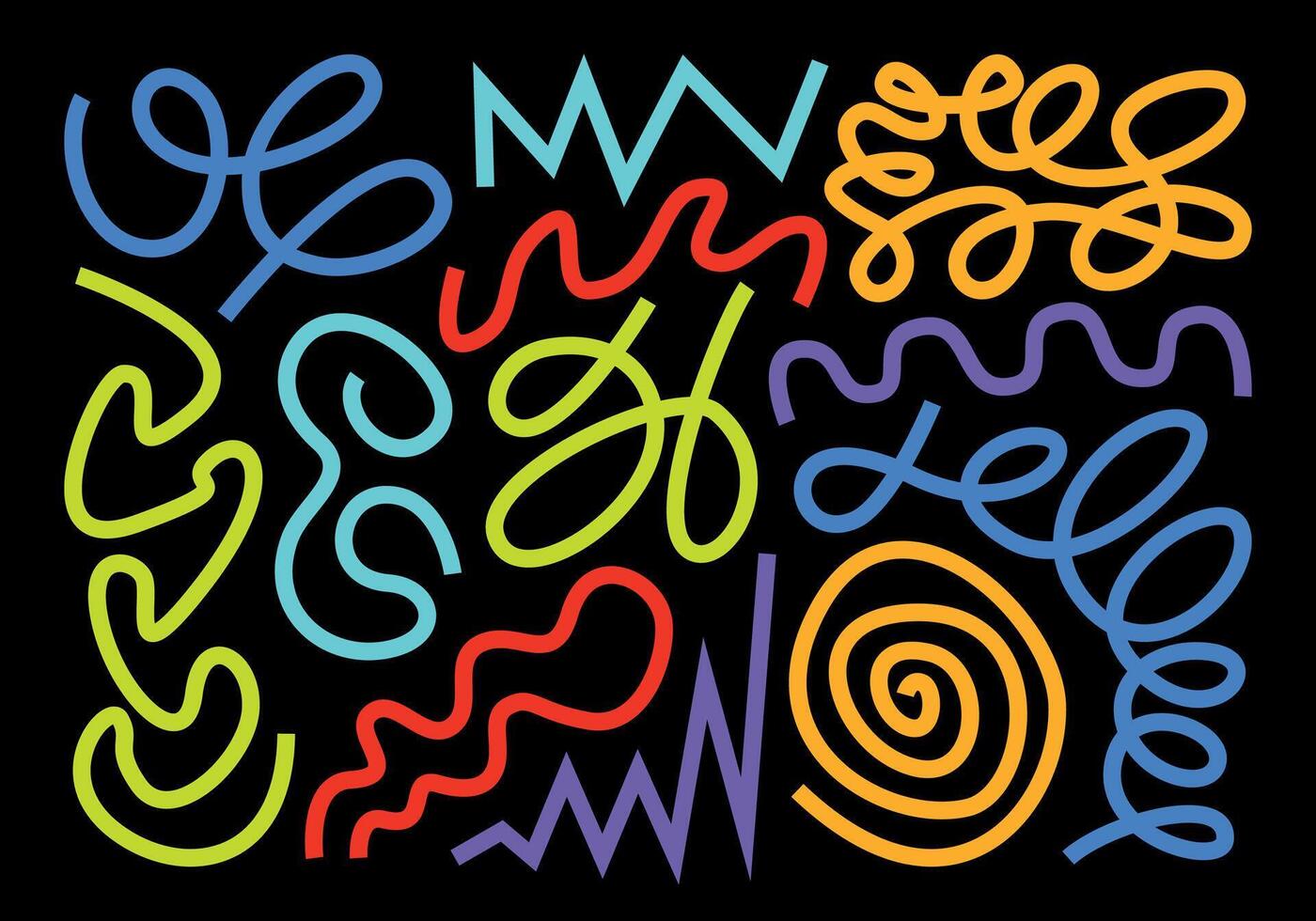 Colorful set of different lines doodle hand drawn in flat style. Rainbow retro collection in geometric abstract elements. Curve, ellipse, zigzag. Cartoon illustrations for children. Symbols, designs. vector