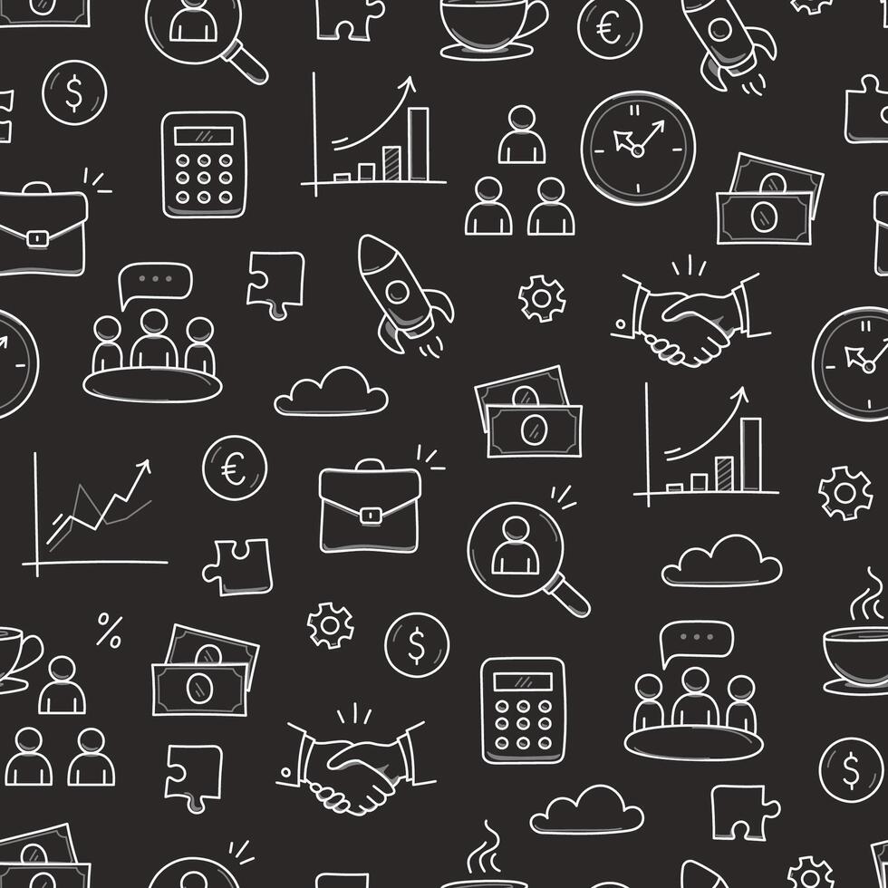 Business job icon doodle seamless pattern background. Business teamwork, office, career concept doodle line sketch style pattern with money, rocket, calculator element pattern vector