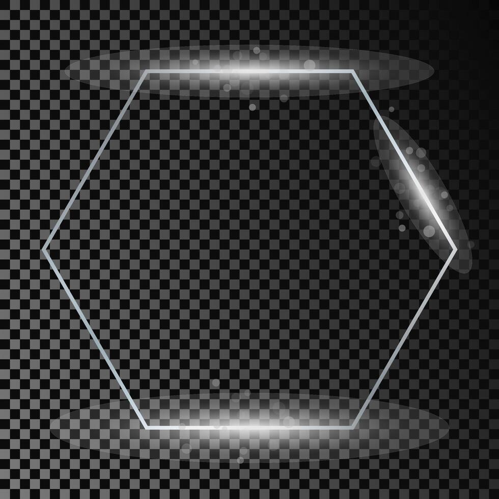 Silver glowing hexagon frame with sparkles. vector