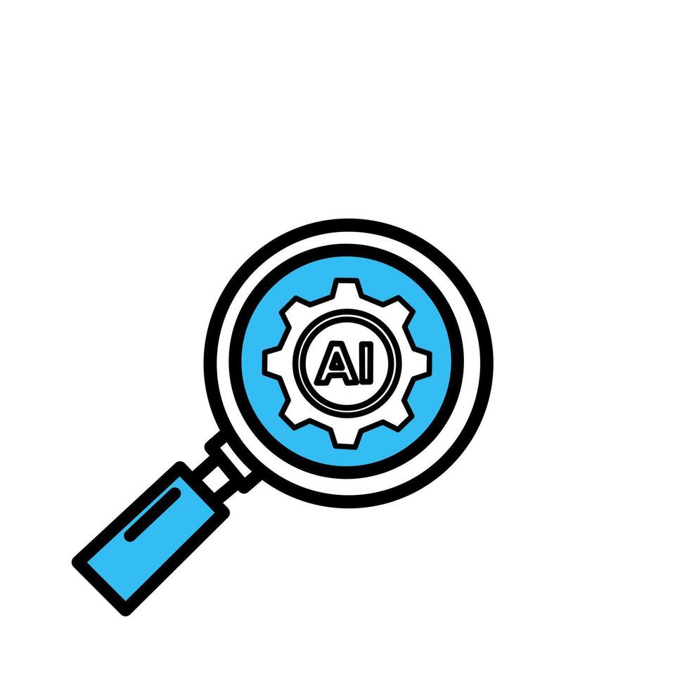 Magnifying glass with AI gear icon representing artificial intelligence search, data analysis, and smart technology exploration concept vector