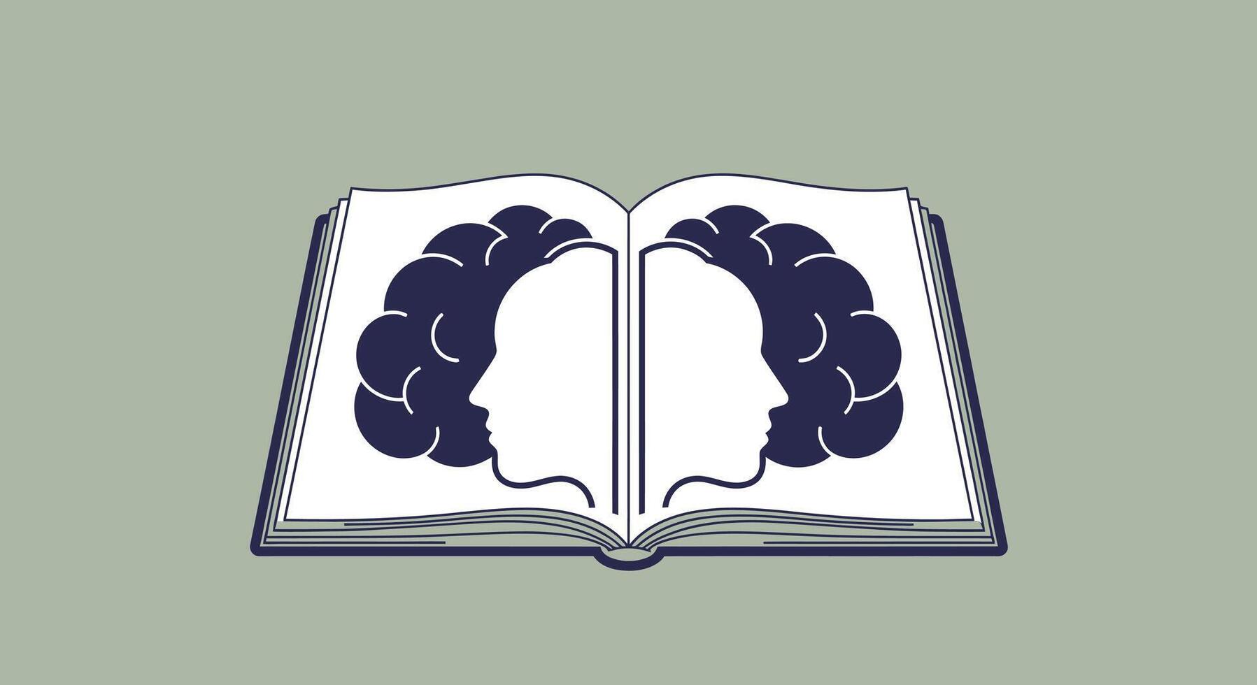 Open book with two brainlike profiles facing each other, symbolizing knowledge and thought vector