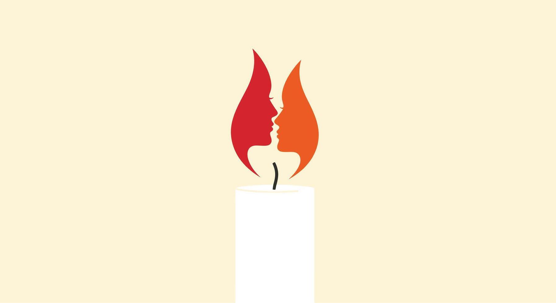 Symbolic candle flame transforms into two intertwined faces in a warm abstract design vector