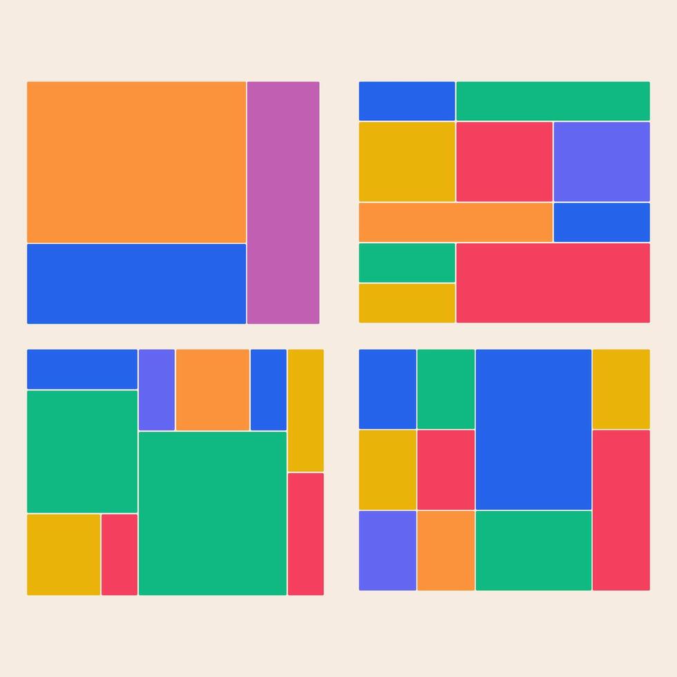 Colorful bento grid design set. Abstract geometric layout templates with bright modular blocks for modern web UI, UX, and dashboard interfaces. Editable composition for website or app wireframe vector