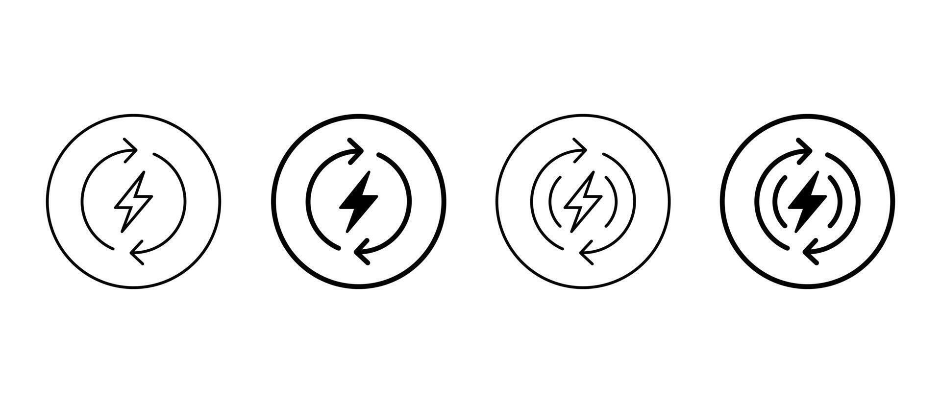 Energy cycle icon set in circular outline. Lightning bolt with circular arrow symbol vector