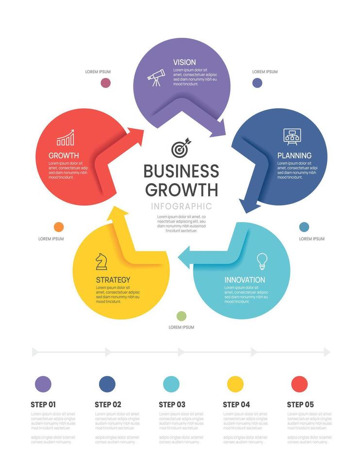 5 Elements Pentagon Arrow Flat infographic template in vertical row. Concept of success steps of project development process for business. vector