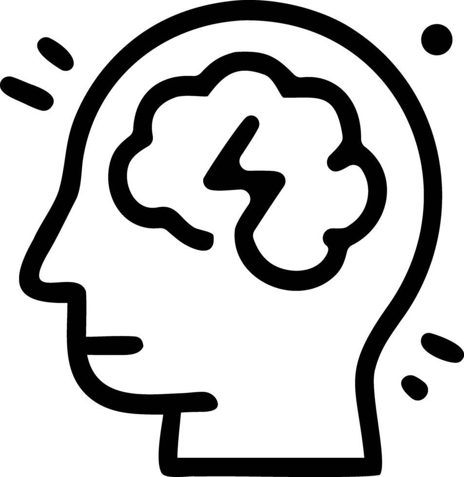 Head, brain, and lightning bolt symbolize thought. Ideal for educational materials, sciencerelated projects, and creative brainstorming concepts. vector
