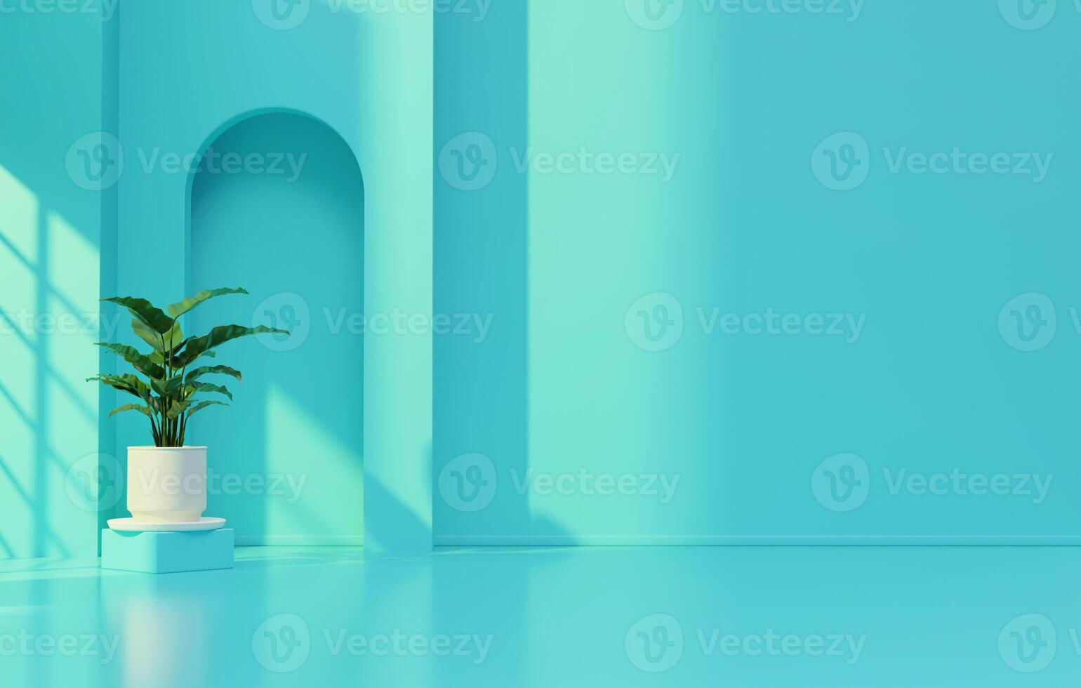 Blue wall empty space background with plant for architecture showing space 3d rendering photo
