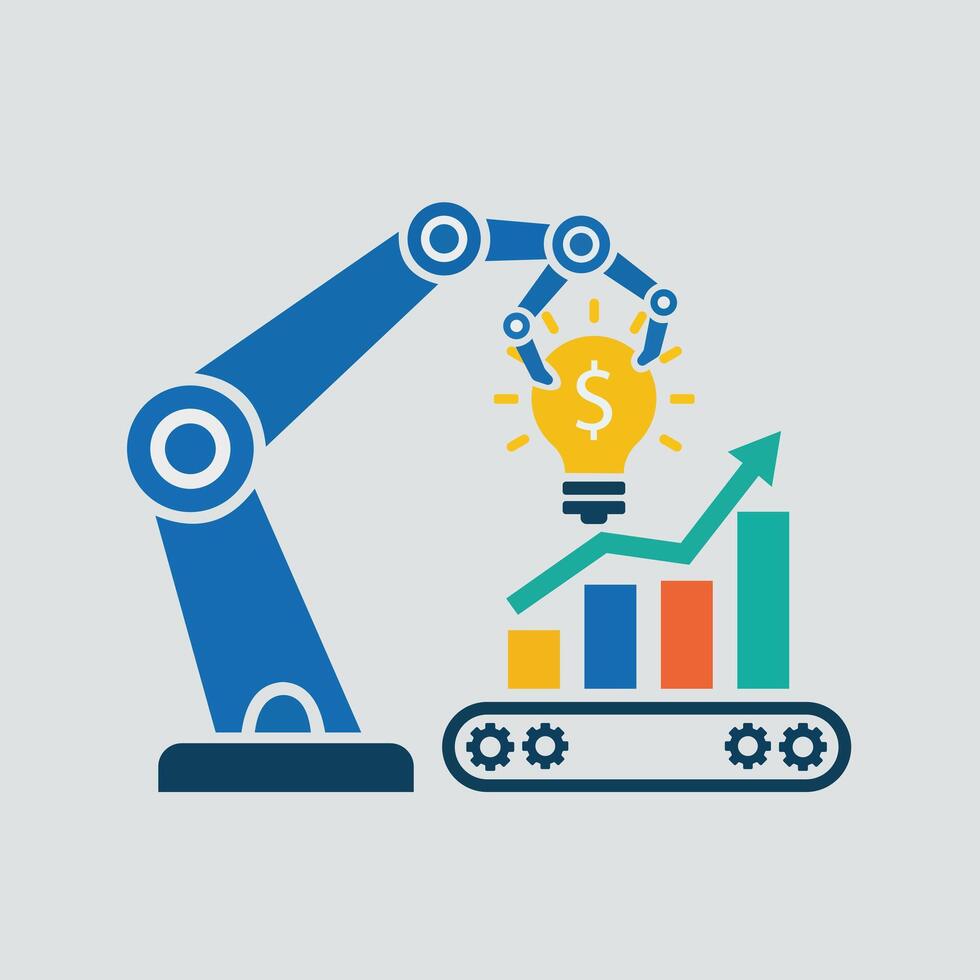 Pure Flat 2D Illustration of Artificial Intelligence Automation with Robotic Arm and Idea Bulb vector