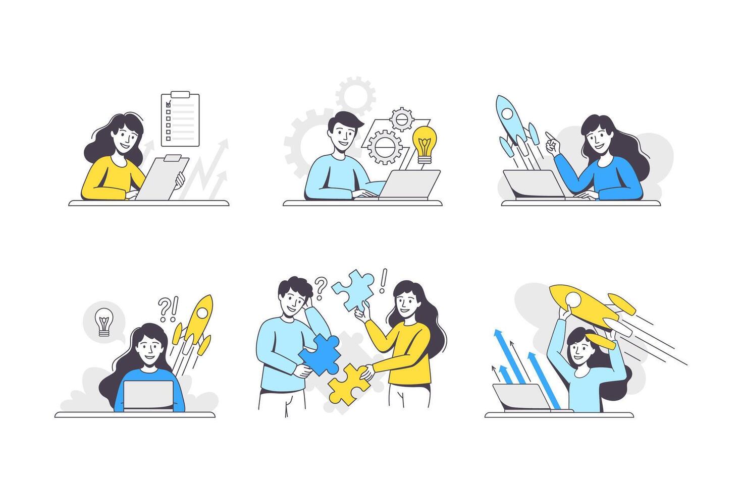 Business Project with People Character with Lightbulb, Rocket and Jigsaw Puzzle Working with Startup Outline Set vector