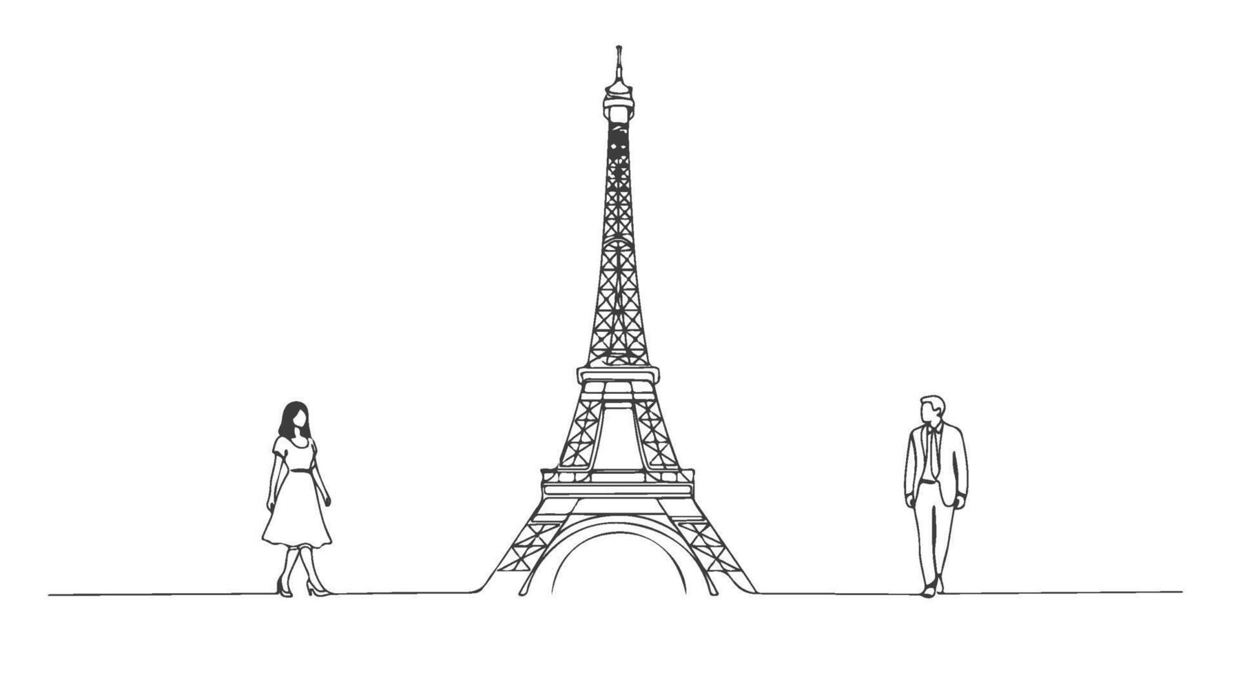 One continuous line drawing of couple with Eiffel Tower in Paris, France e vector