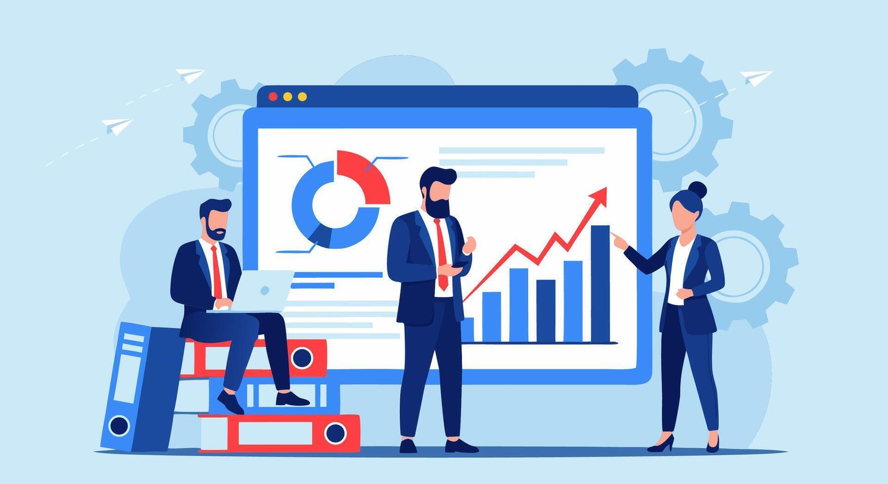 Dynamic business analytics presentation by a team of professionals, showcasing financial growth and strategic planning with data visualization on a large screen vector