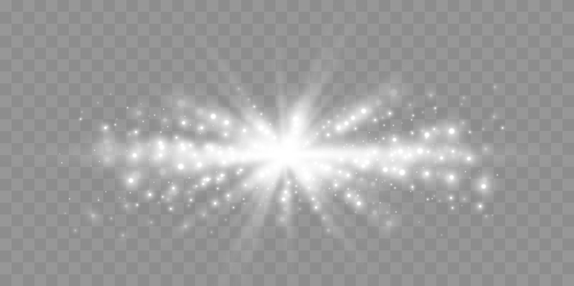 White horizontal lensflare. Light flash with rays or spotlight and bokeh. Silver glow flare light effect. illustration. Isolated on grey background. vector
