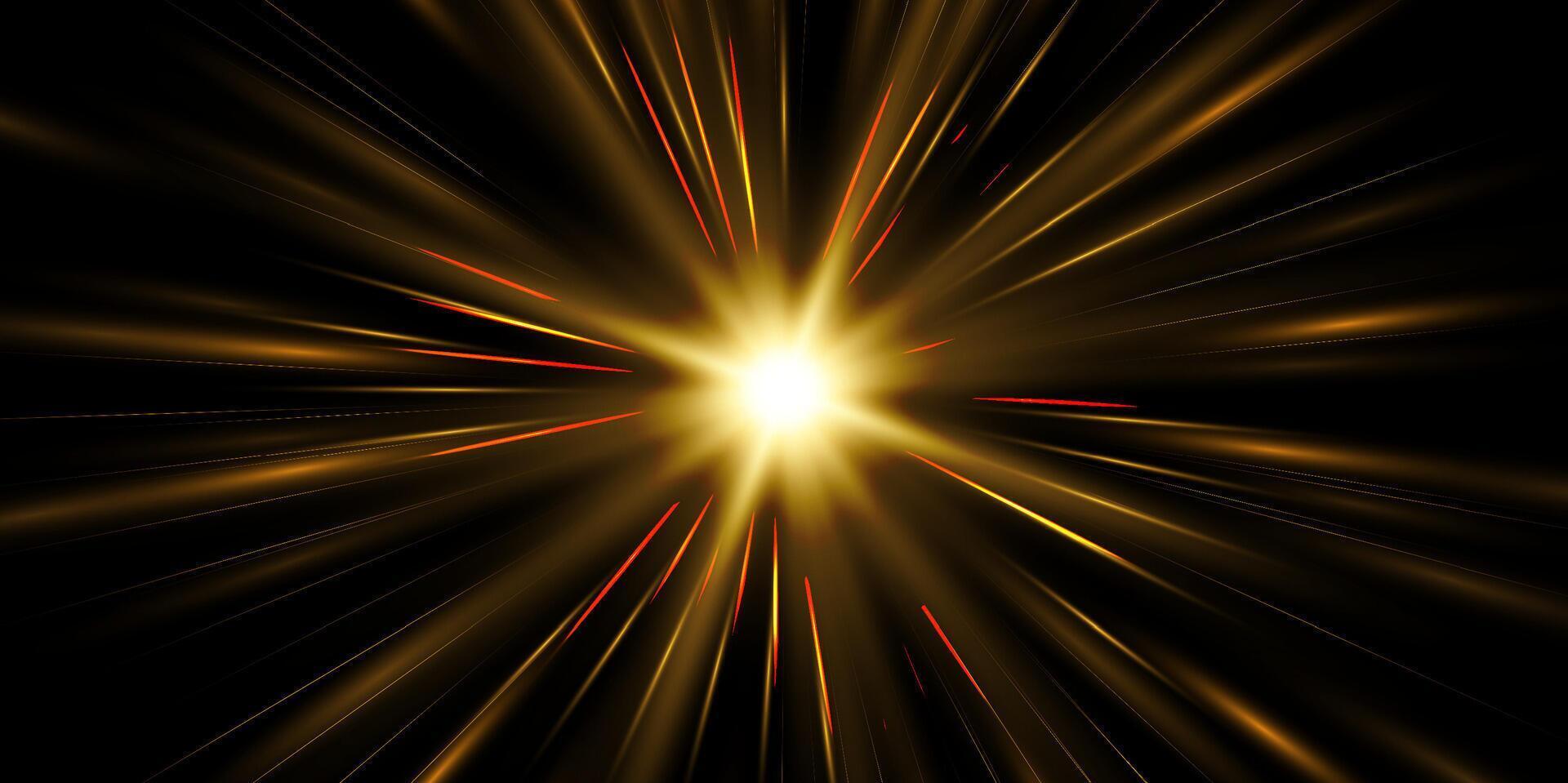 Radial speed rays, light neon flow, zoom in motion effect, gold glow speed lines, colorful light trails, perspective stripes. Abstract background, illustration. vector