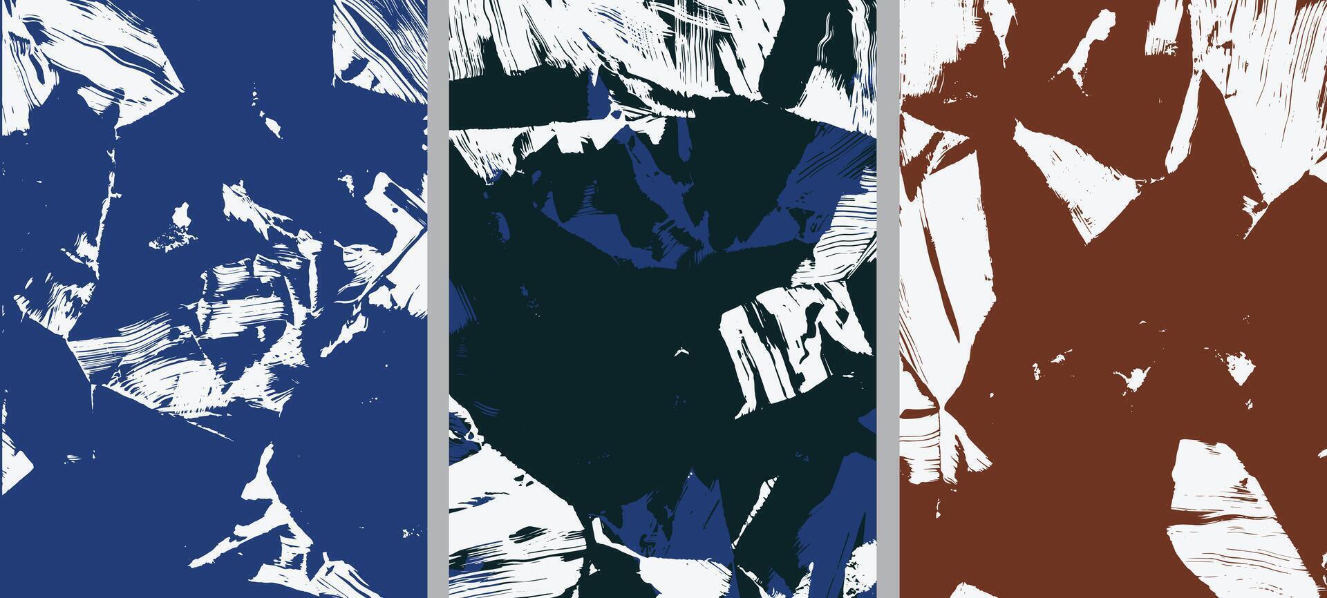 Experimental abstract texture pattern set with bold brush strokes and layered shapes. Each design combines expressive hand-painted energy with modern minimal color palettes. vector