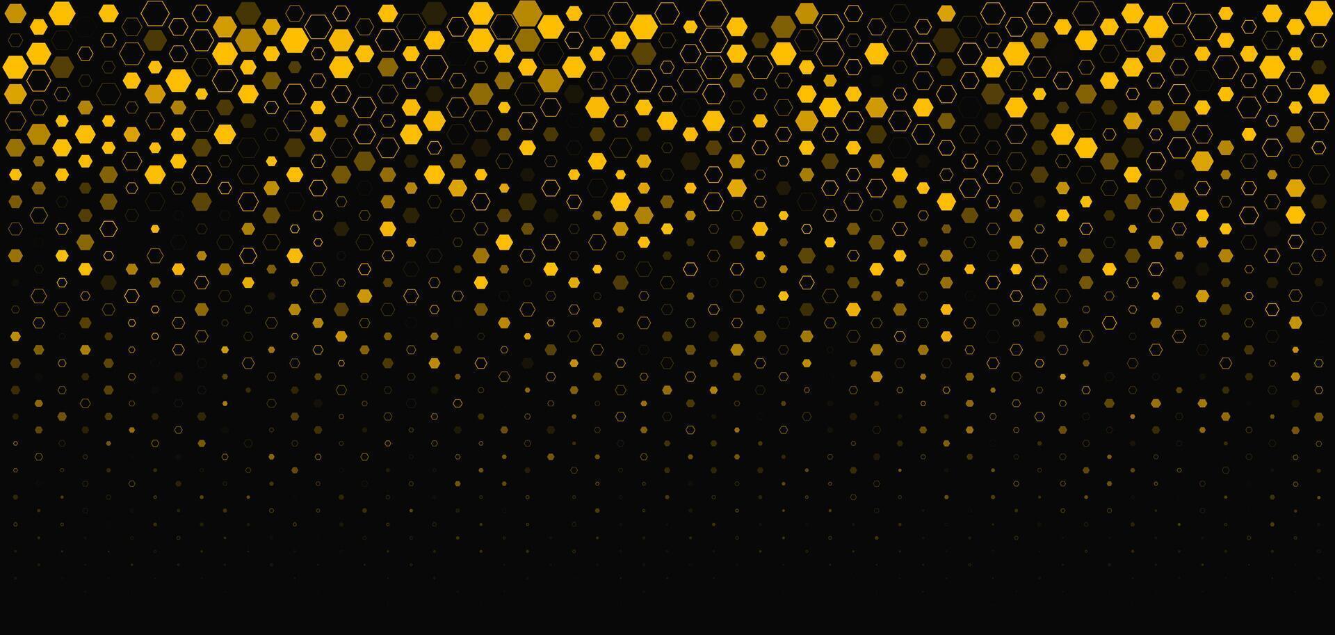 Hexagon Background Glowing Honeycomb Pattern In Yellow Black Colors for AI, Tech Digital Forum and Conference Ad Presentation. Hexagonal Modern Texture. Halftone Gradient Backdrop. Abstract BG vector
