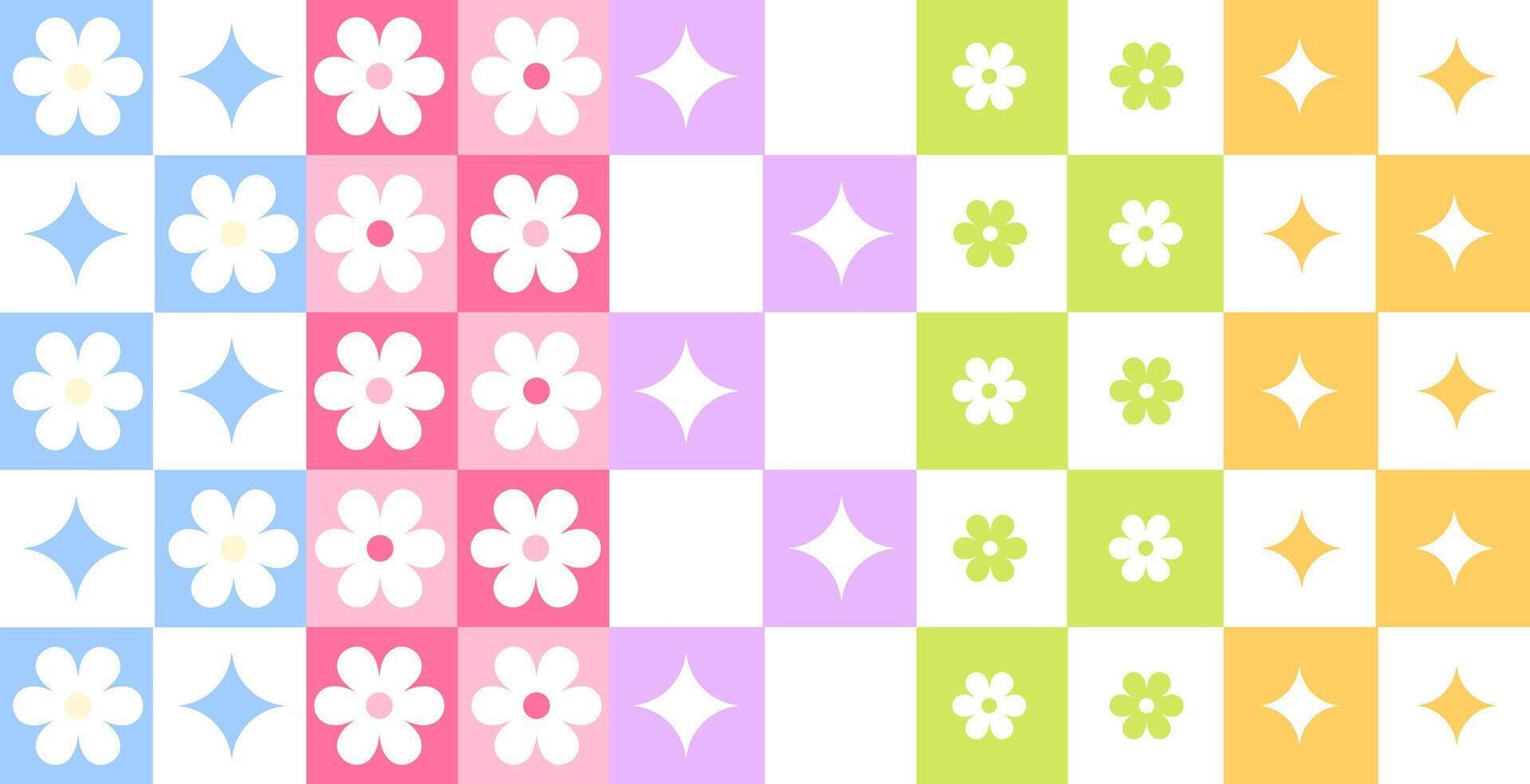Set of seamless patterns, wrapping paper in retro style, checkered with flowers and stars vector