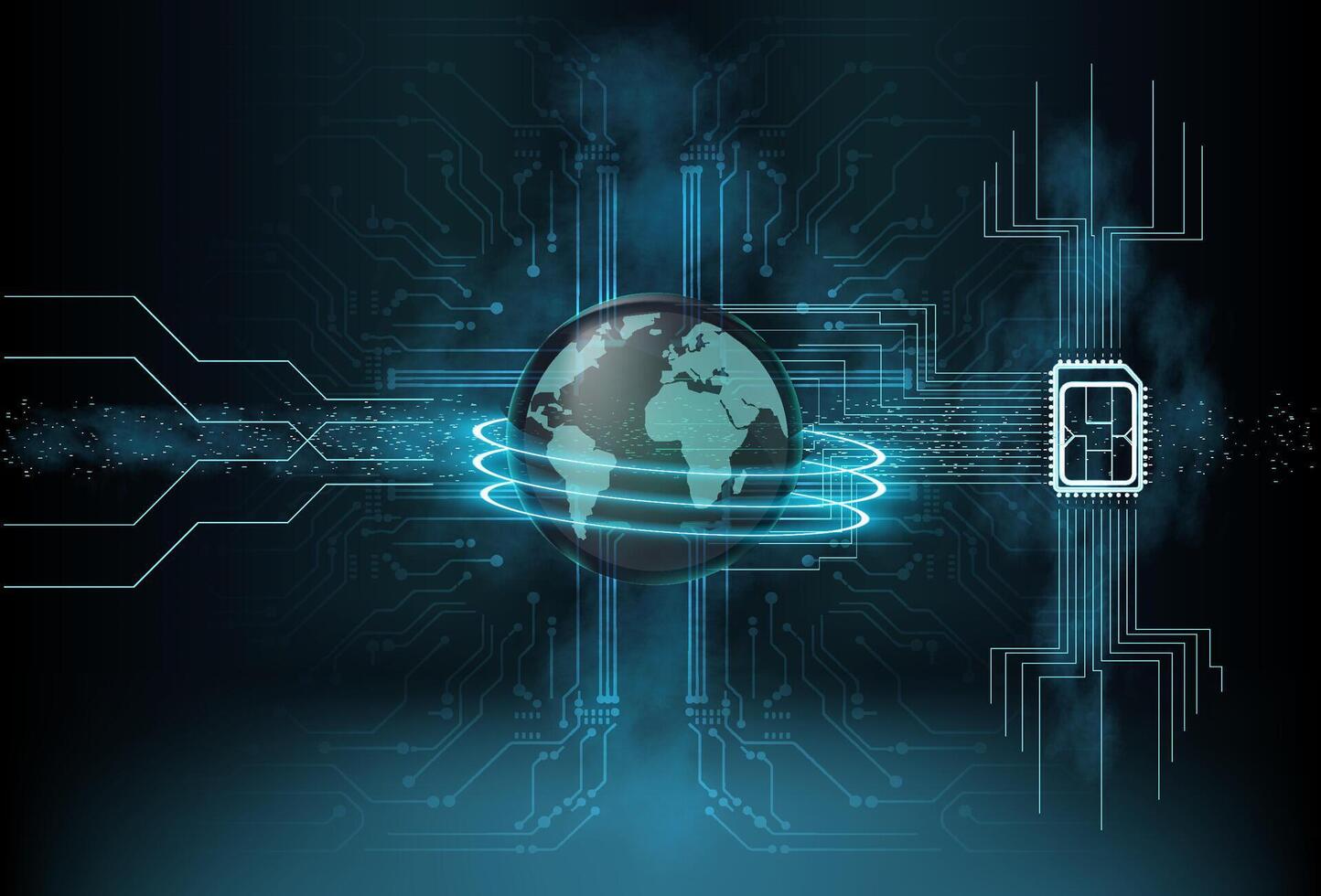 Digital representation of global connectivity through e-sim technology in a futuristic setting vector