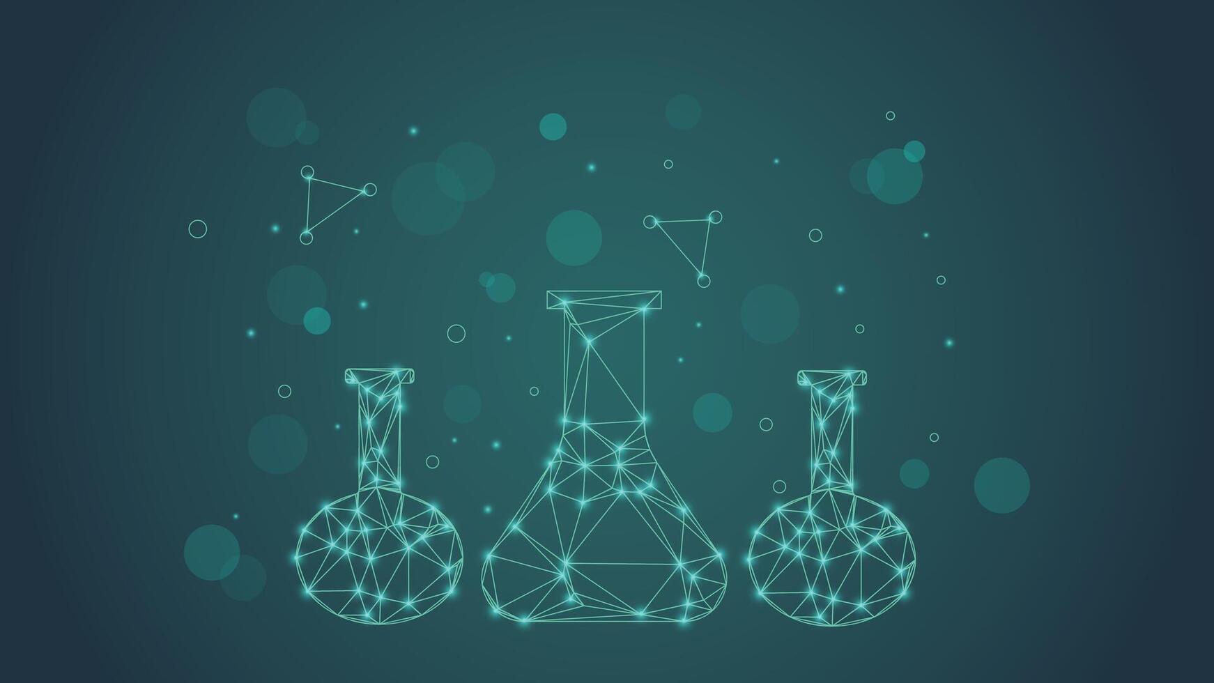 Modern futuristic science background showing glowing digital laboratory flasks made of network lines and light dots perfect for technology presentations innovation and research themes vector