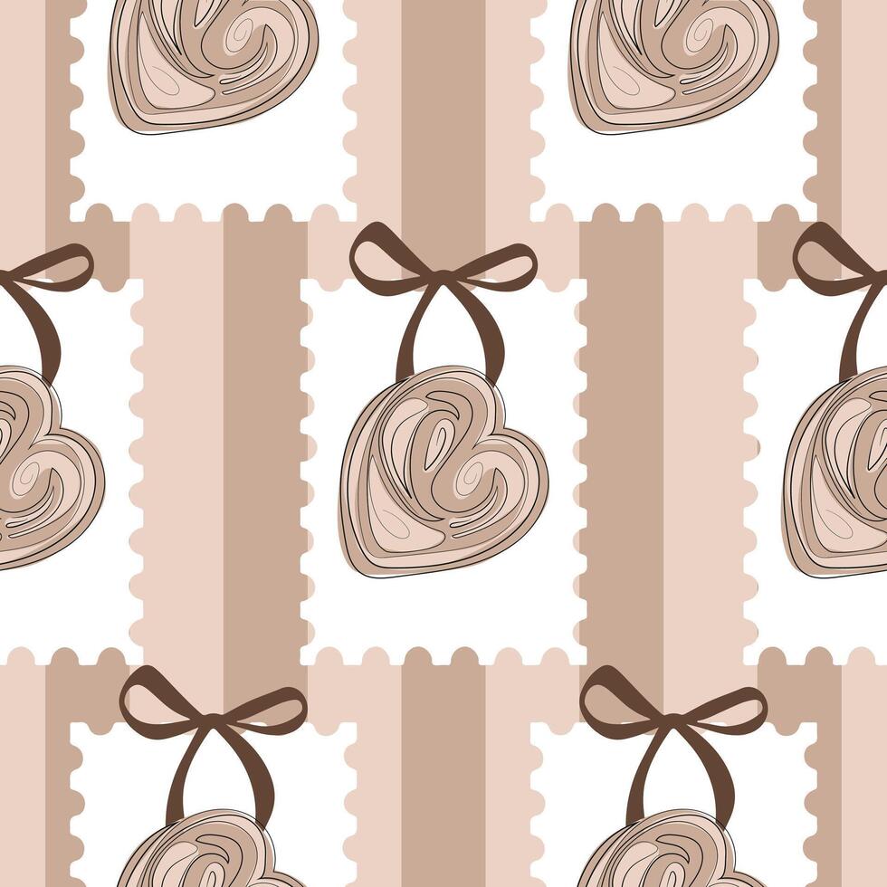 seamless pattern with round puff pastry pastries in sketch style in the shape of a stamp with a bow on a cork background with lines, for textiles, packaging or greeting cards vector