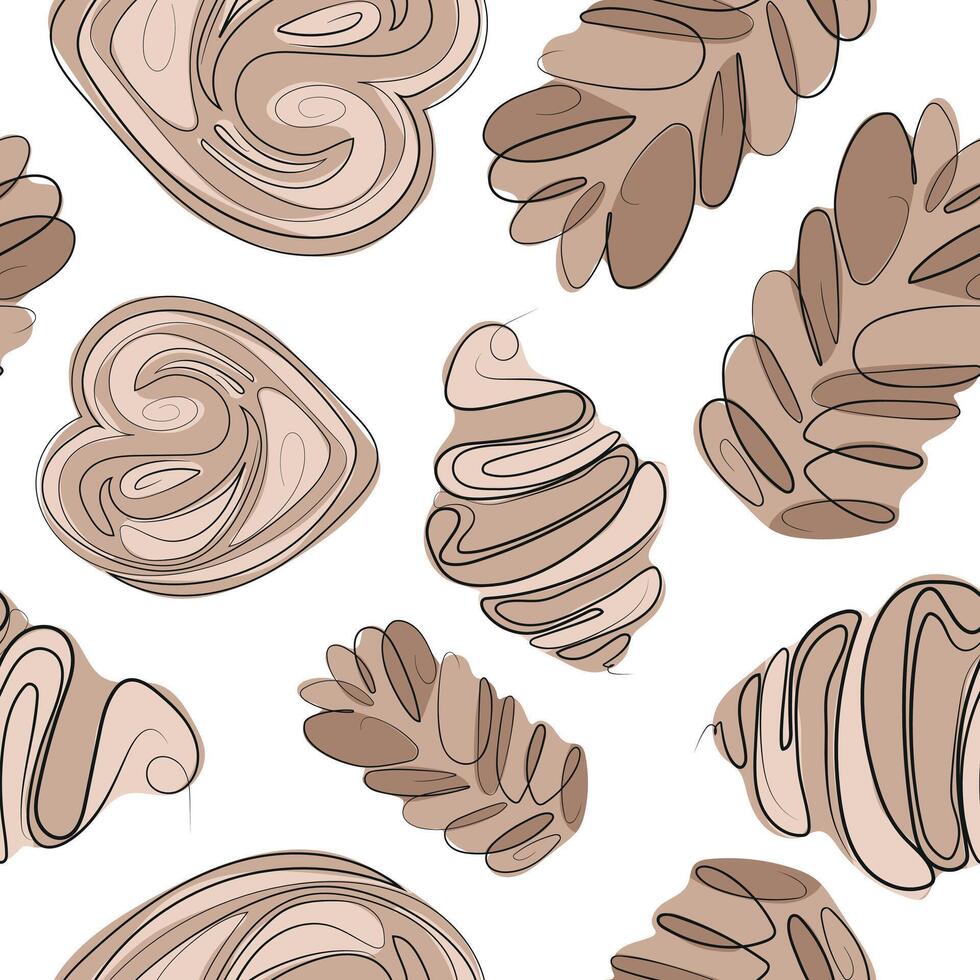 seamless pattern with puff pastry pastries, namely croissants and buns of various shapes in line art style and colored spots behind, for advertising, social media or web design vector