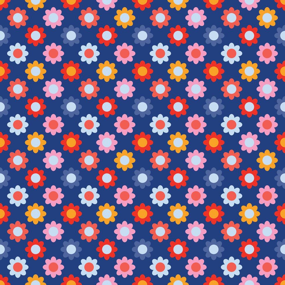 Retro seamless pattern with colorful simple flowers on a blue background vector