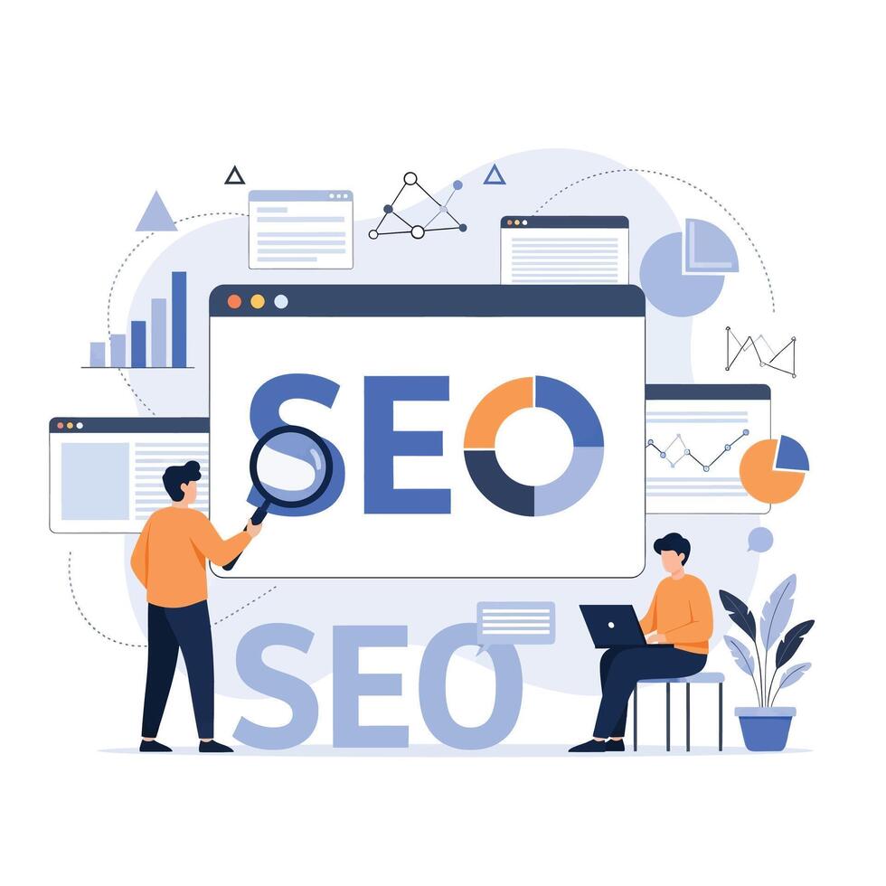 Flat illustration of two people working seo optimization and analysis vector
