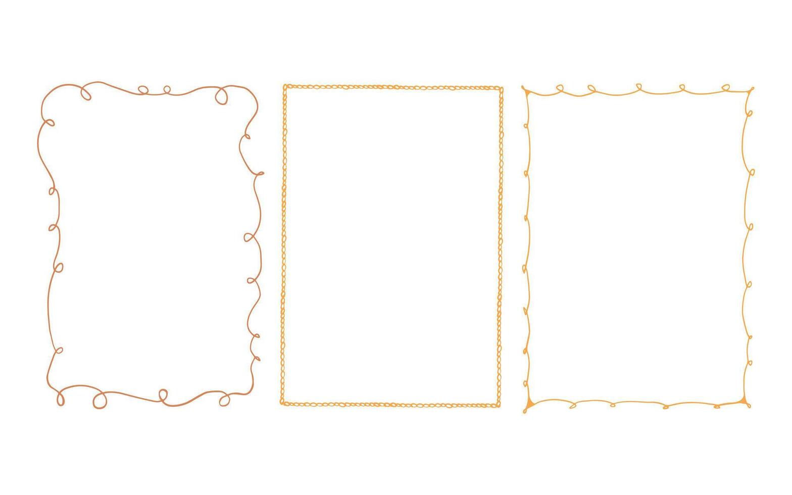 Set of elegant frames with whimsical hand drawn shapes. Collection of linear vintage frames in yellow and gold shades isolated on white background. Rectangular vertical frames. monochrome illustration. vector