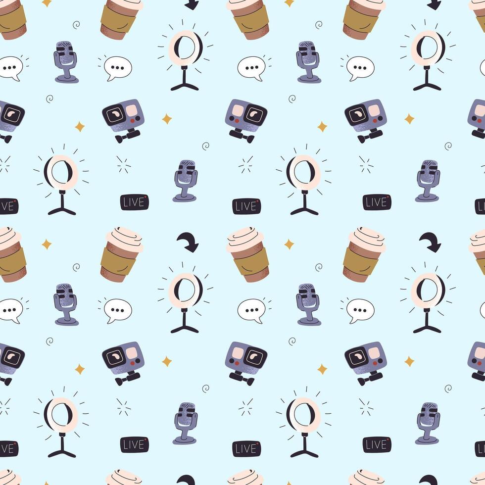 Seamless pattern with microphones, coffee cups and live stream icons for blogger design vector