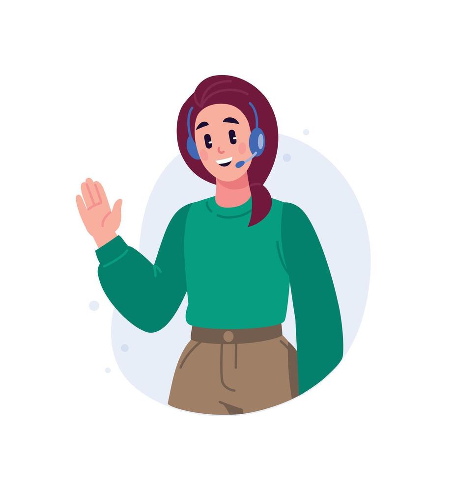 A girl in a headset from tech support greets a user on a website or marketplace. Help and support. Illustration for design projects, website and printing, mockup and banner design. vector