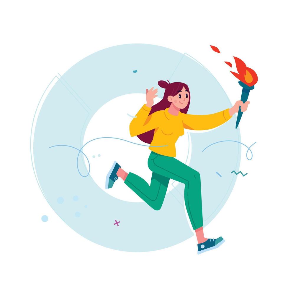 A girl runs with a torch, an atmosphere of inspiration and victory. . There are dynamic elements around, symbolizing movement and success. An illustration on motivation, athletic achievements vector