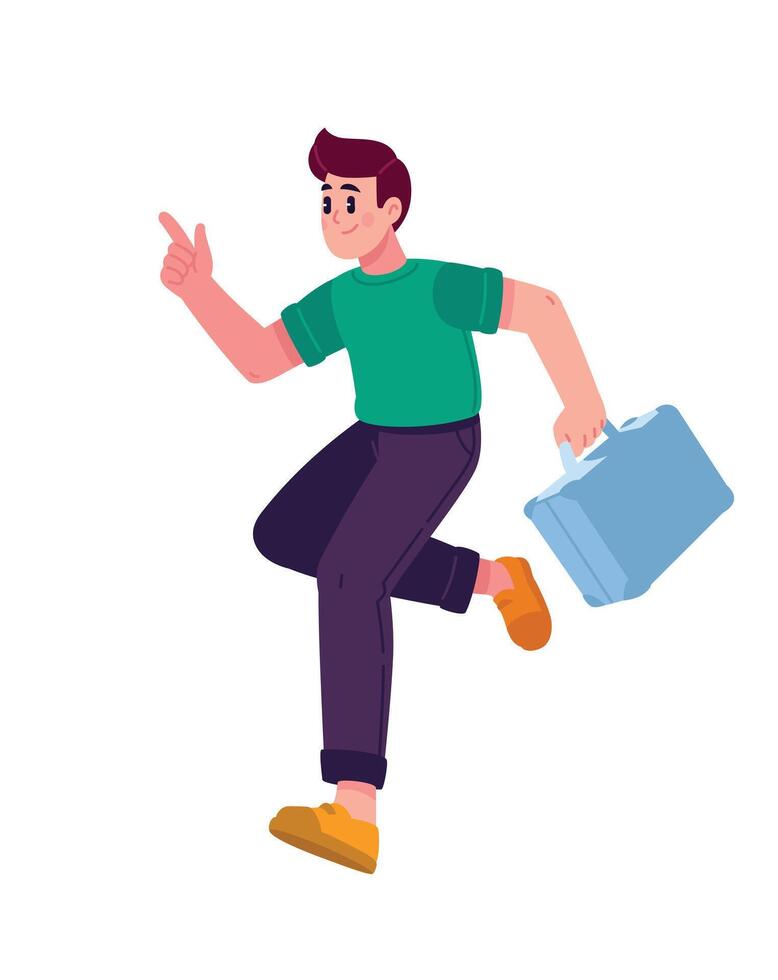 Illustration of a man in casual clothes running with a briefcase, pointing forward and upward. The concept of travel, movement, business trip or the start of a new project. A character and a mascot. vector