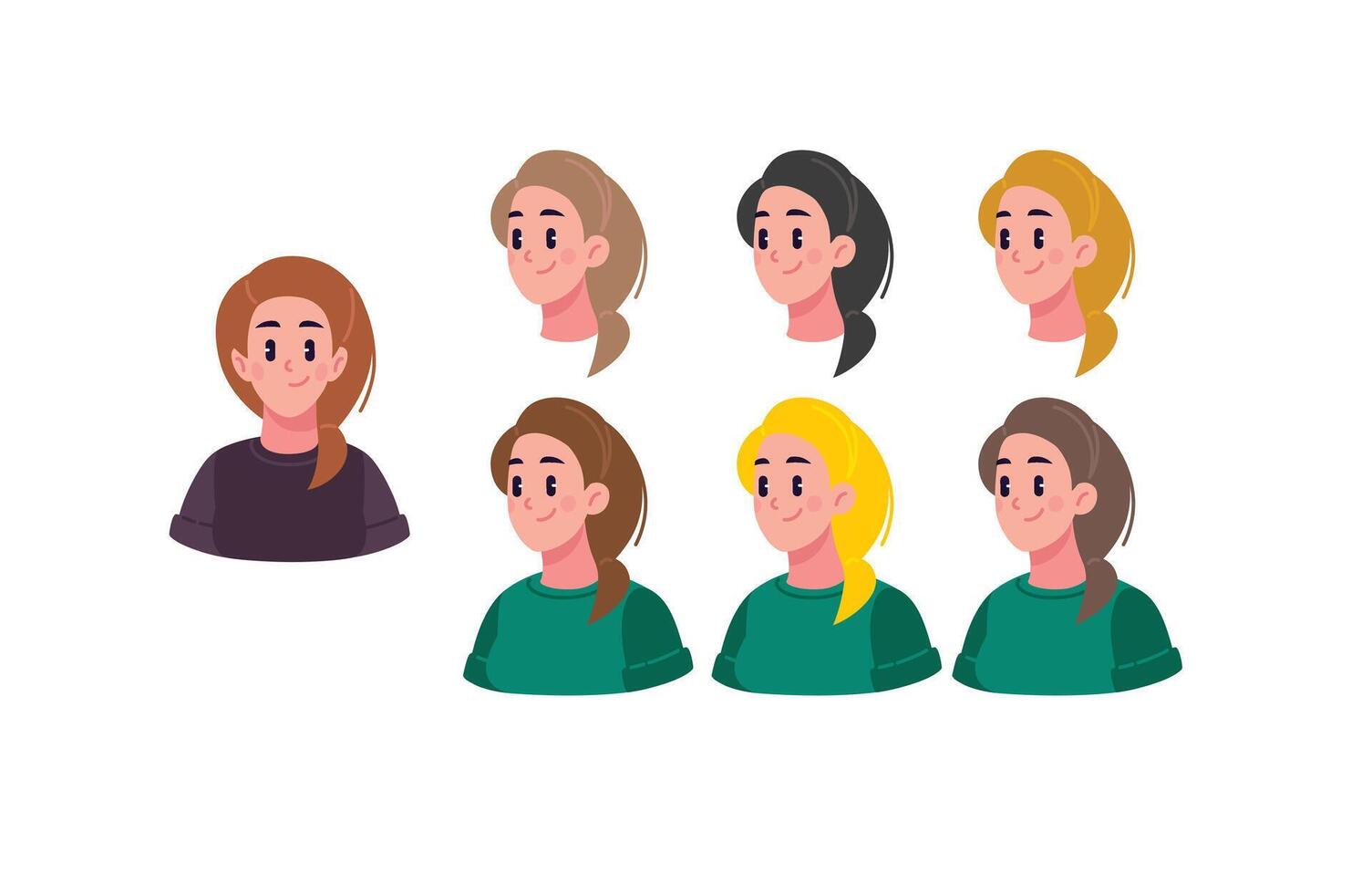 Illustration of a girl in colored T-shirts with different head angles. The image is ideal for use as an avatar, icon, or for character development. vector