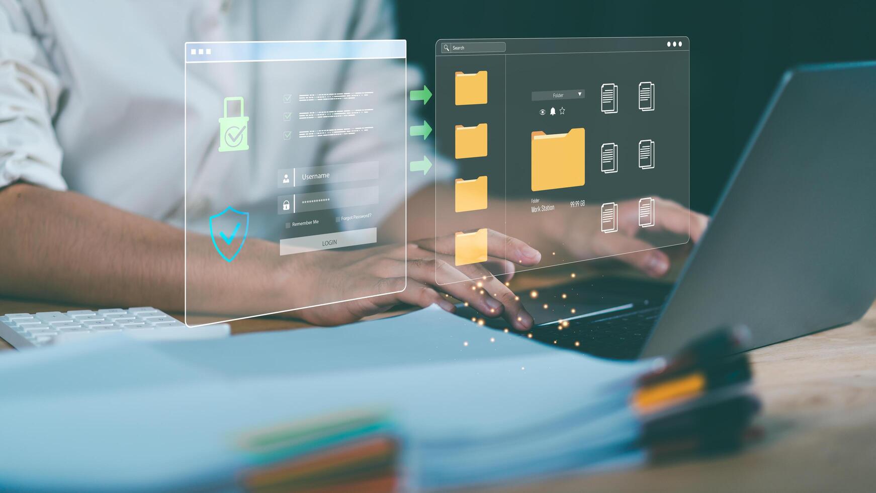 Cybersecurity and data protection concept with person using laptop and hologram interface showing secure login, encrypted folders, and cloud system. Symbol of privacy, safety, information security. photo