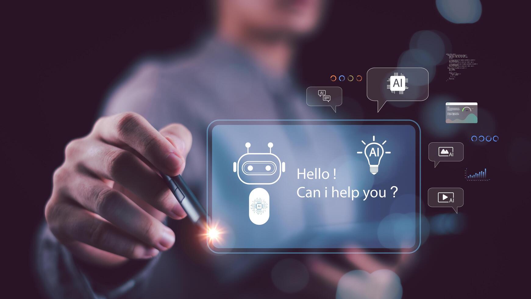 A person interacts with a virtual AI chatbot interface using digital technology, symbolizing artificial intelligence, automation, innovation, smart communication in modern business and online support photo