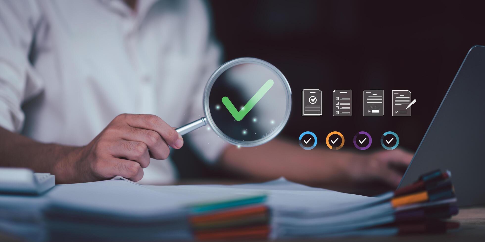 Businessman using magnifying glass to review and approve documents, symbolizing checklist validation, audit process, quality assurance, and compliance verification in digital business management. photo